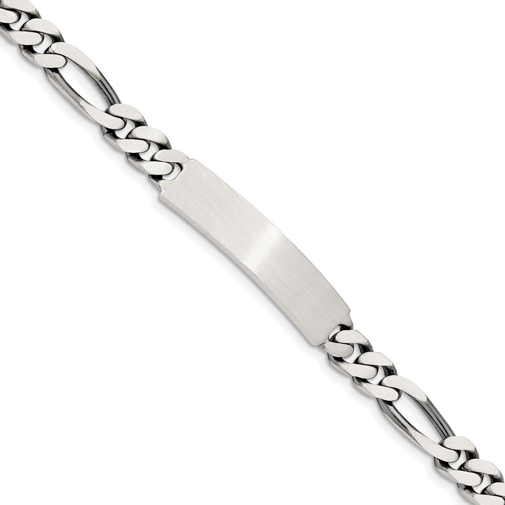Sterling Silver 8inch Engraveable Antiqued Figaro Link ID Bracelet, 8 x 7 mm