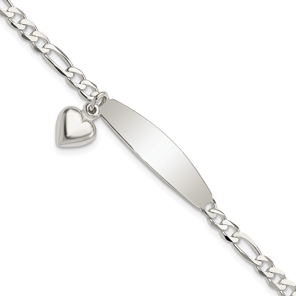 Sterling Silver Polished Figaro ID Heart Dangle Bracelet, 7.5 x 4 mm
