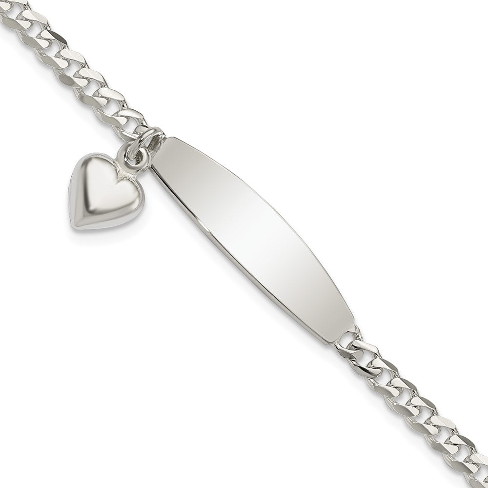 Sterling Silver Polished Curb Link ID Heart Dangle Bracelet, 7.5 x 3.5 mm