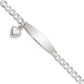 Sterling Silver Polished Curb Link ID Heart Dangle Bracelet, 7.5 x 4 mm