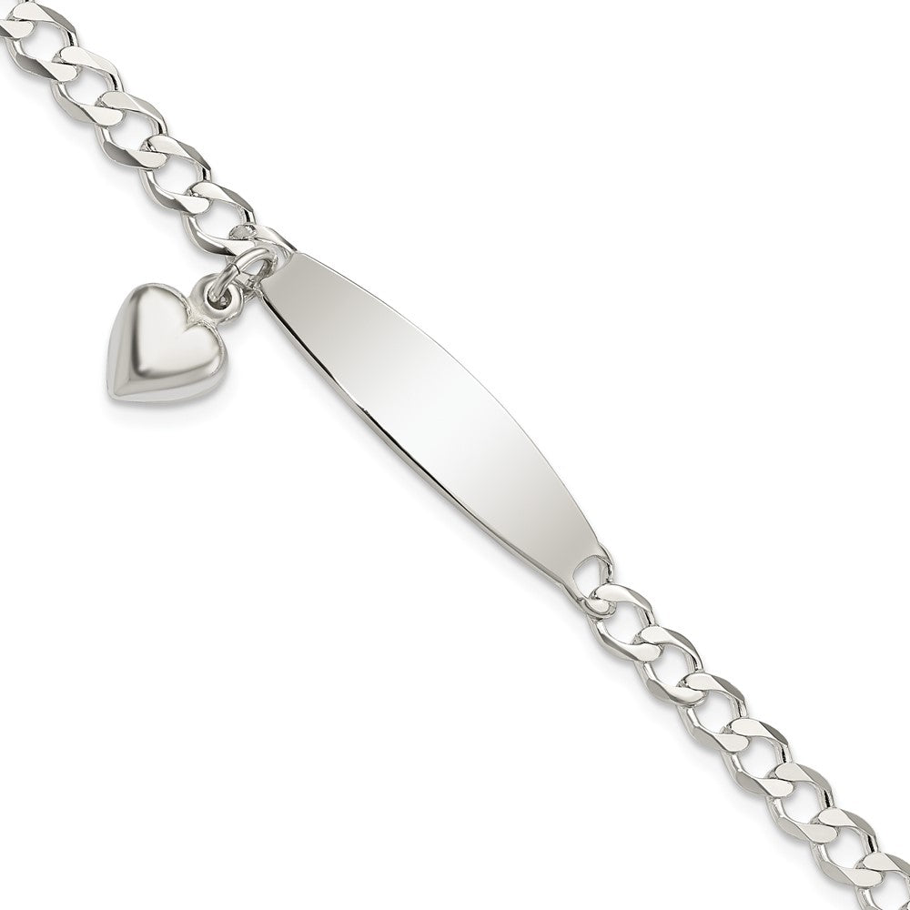 Sterling Silver Polished Curb Link ID Heart Dangle Bracelet, 7.5 x 4 mm