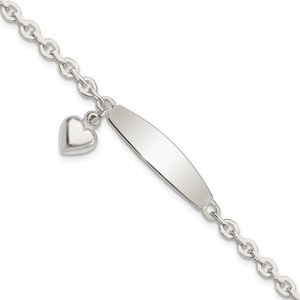 Sterling Silver Polished Rolo Link ID Heart Dangle Bracelet, 7.5 x 4 mm