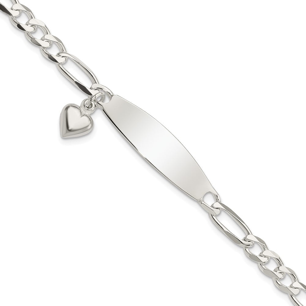 Sterling Silver Polished Figaro ID Heart Dangle Bracelet, 7.5 x 5.25 mm