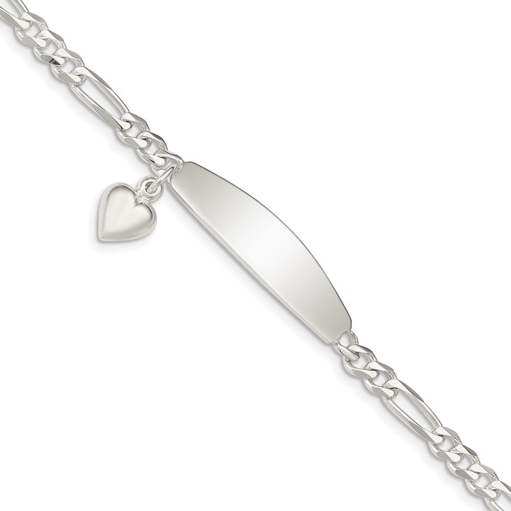 Sterling Silver ID with Heart Figaro Link Bracelet, 7 x 6 mm
