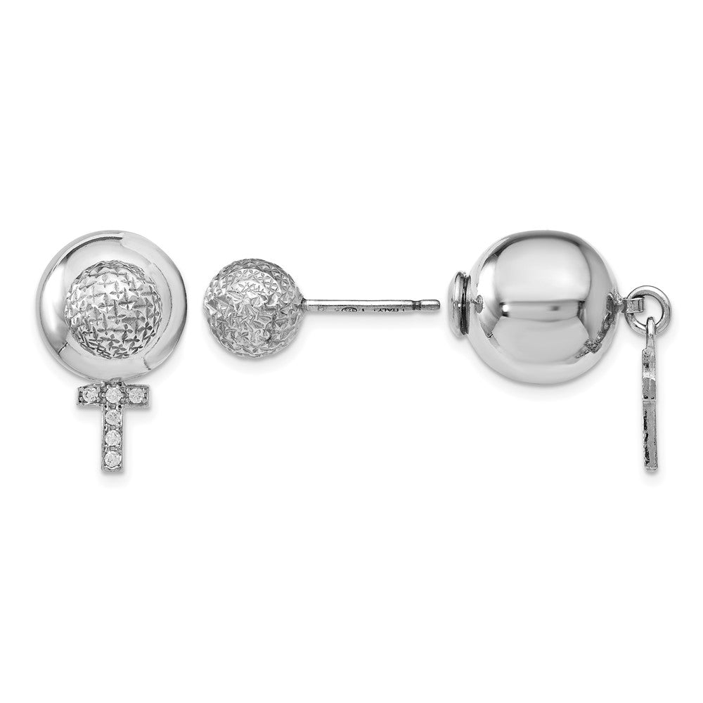 Sterling Silver Rhodium-plated CZ Cross Front and Back Earrings, 19 x 20 mm