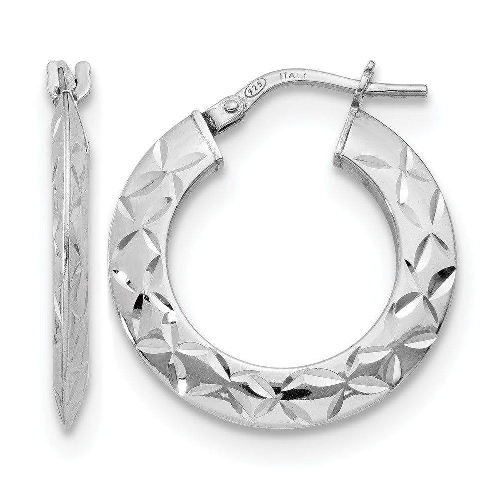 Sterling Silver RH-plated Polished & Textured Hoop Earrings, 24 x 2 mm