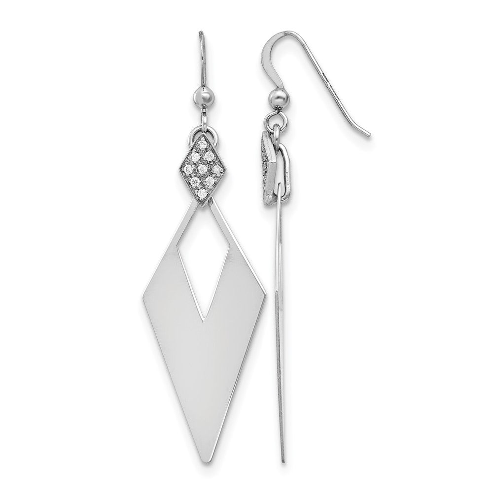 Sterling Silver RH-plated Polished Crystal Diamond Shape Dangle Ea, 59 x 17 mm
