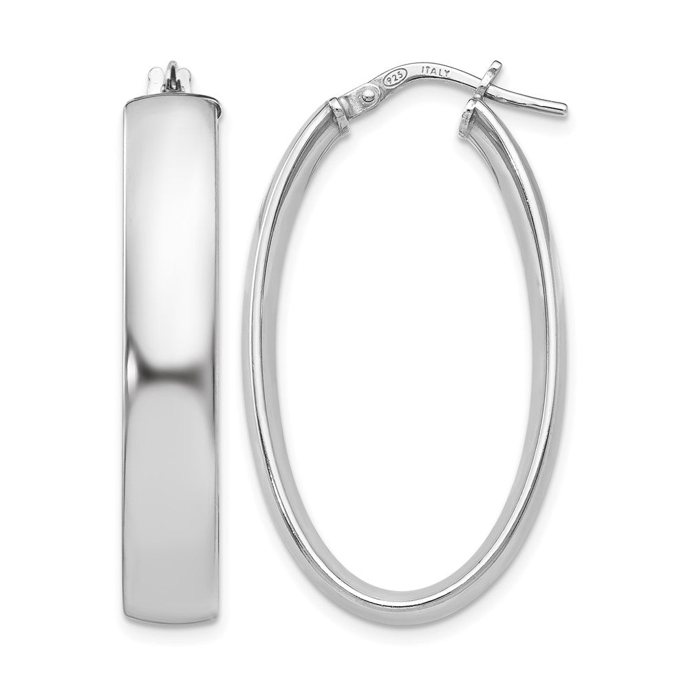 Sterling Silver RH-plated Polished Oval Hinged Hoop Earrings, 35 x 6 mm