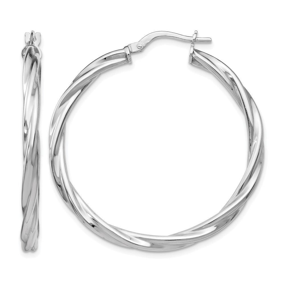 Sterling Silver RH-plated Polished Twisted Hinged Hoop Earrings, 36 x 2.85 mm