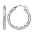 Sterling Silver RH-plt Polished & Textured Hinged Hoop Earrings, 26.5 x 3 mm