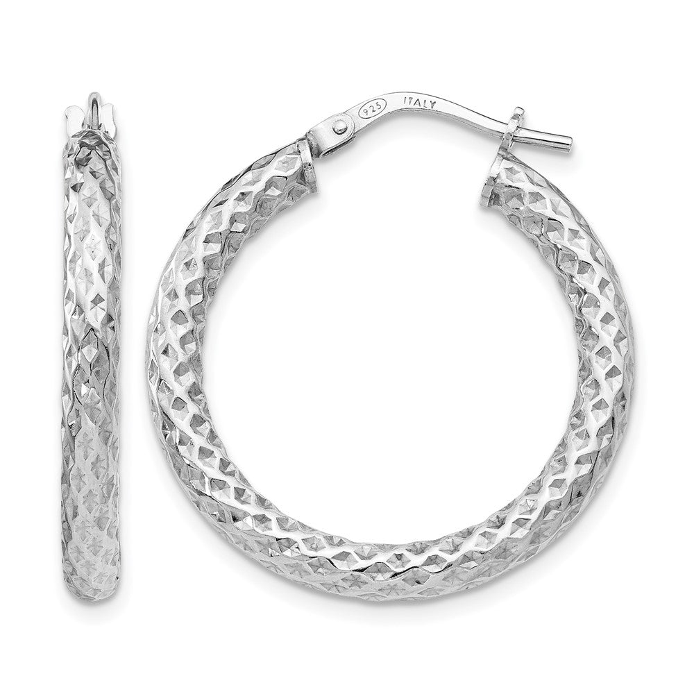 Sterling Silver RH-plt Polished & Textured Hinged Hoop Earrings, 26.5 x 3 mm