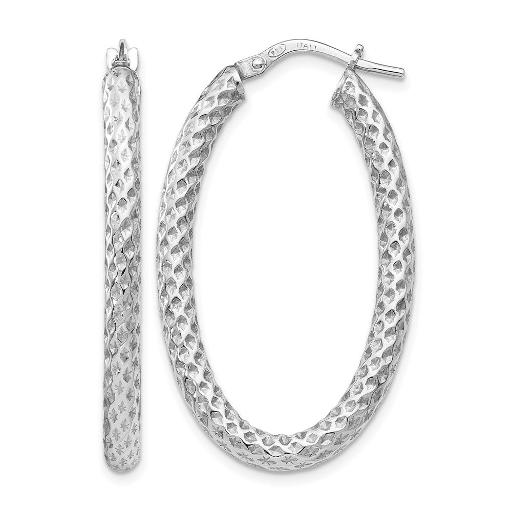 Sterling Silver RH-plt Polish/Textured Oval Hinged Hoop Earrings, 36 x 3 mm