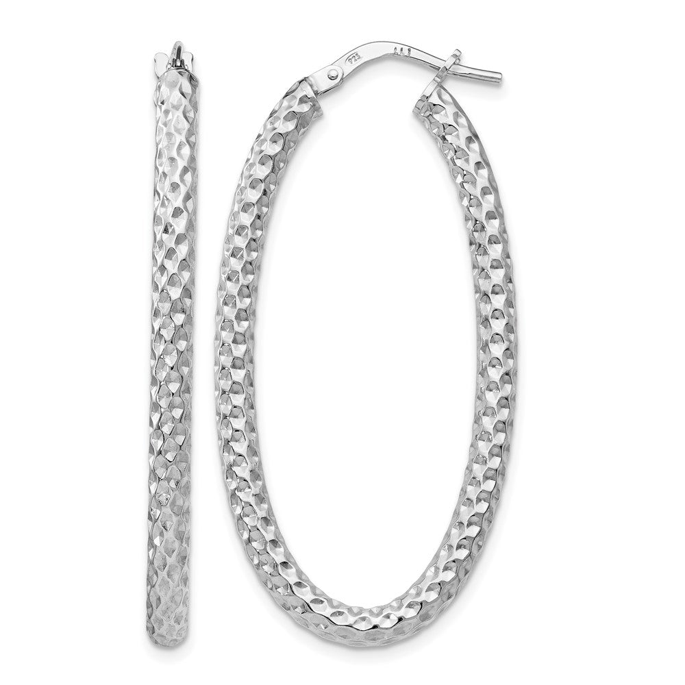 Sterling Silver RH-plt Polish/Textured Oval Hinged Hoop Earrings, 44 x 3 mm