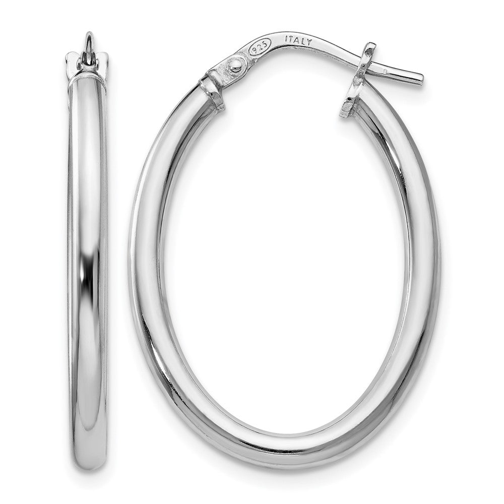 Sterling Silver RH-plated Polished Oval Hinged Hoop Earrings, 27 x 2.5 mm