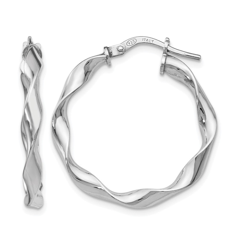 Sterling Silver RH-plated Polished Twisted Hoop Earrings, 26.5 x 3 mm