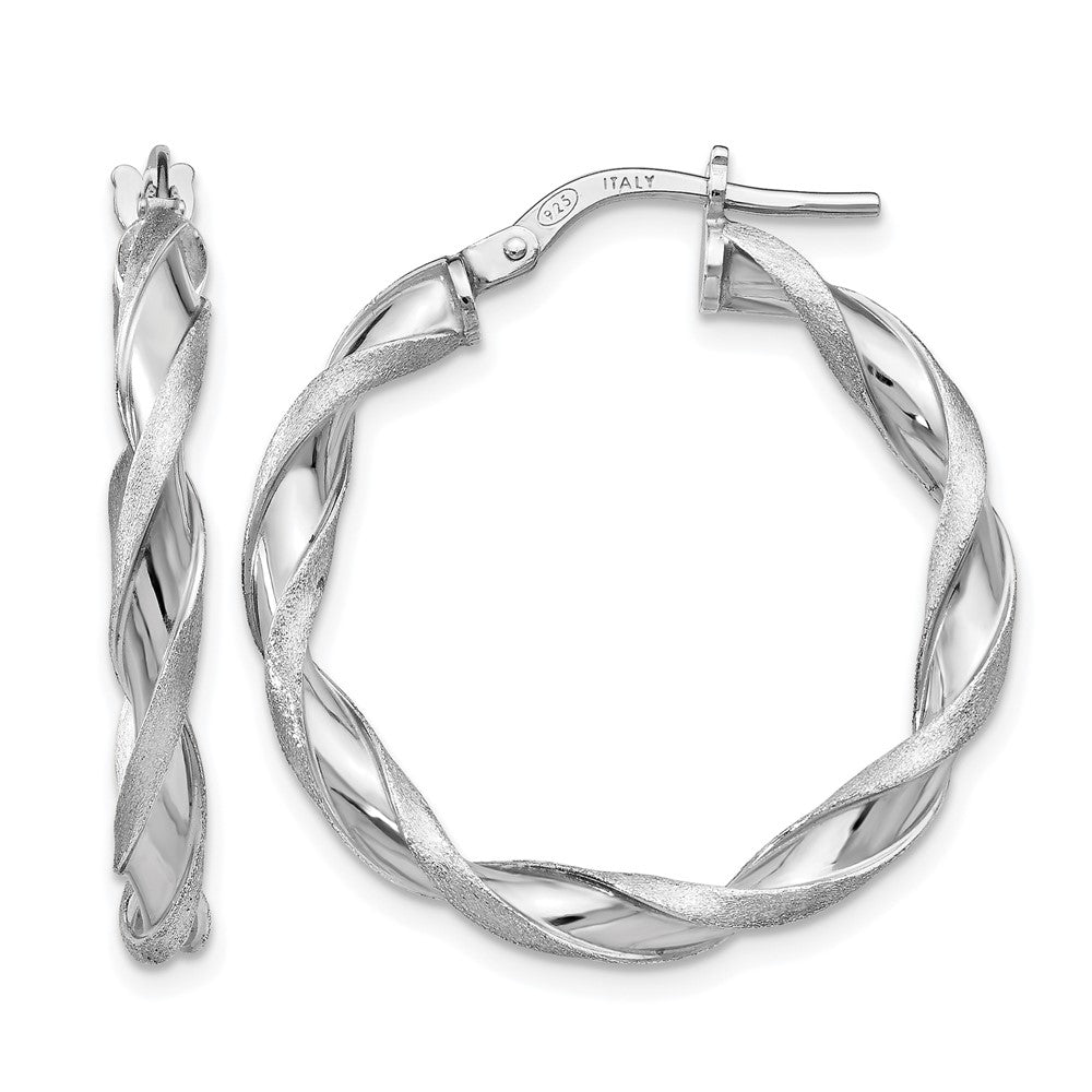 SS RH-plated Polished/Scratch-finish Twisted Hoop Earrings, 26.5 x 3 mm