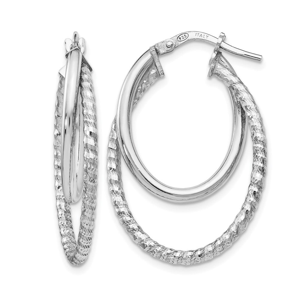 Sterling Silver RH-plated Polished D/C Oval Hoop Earrings, 32 x 1.75 mm