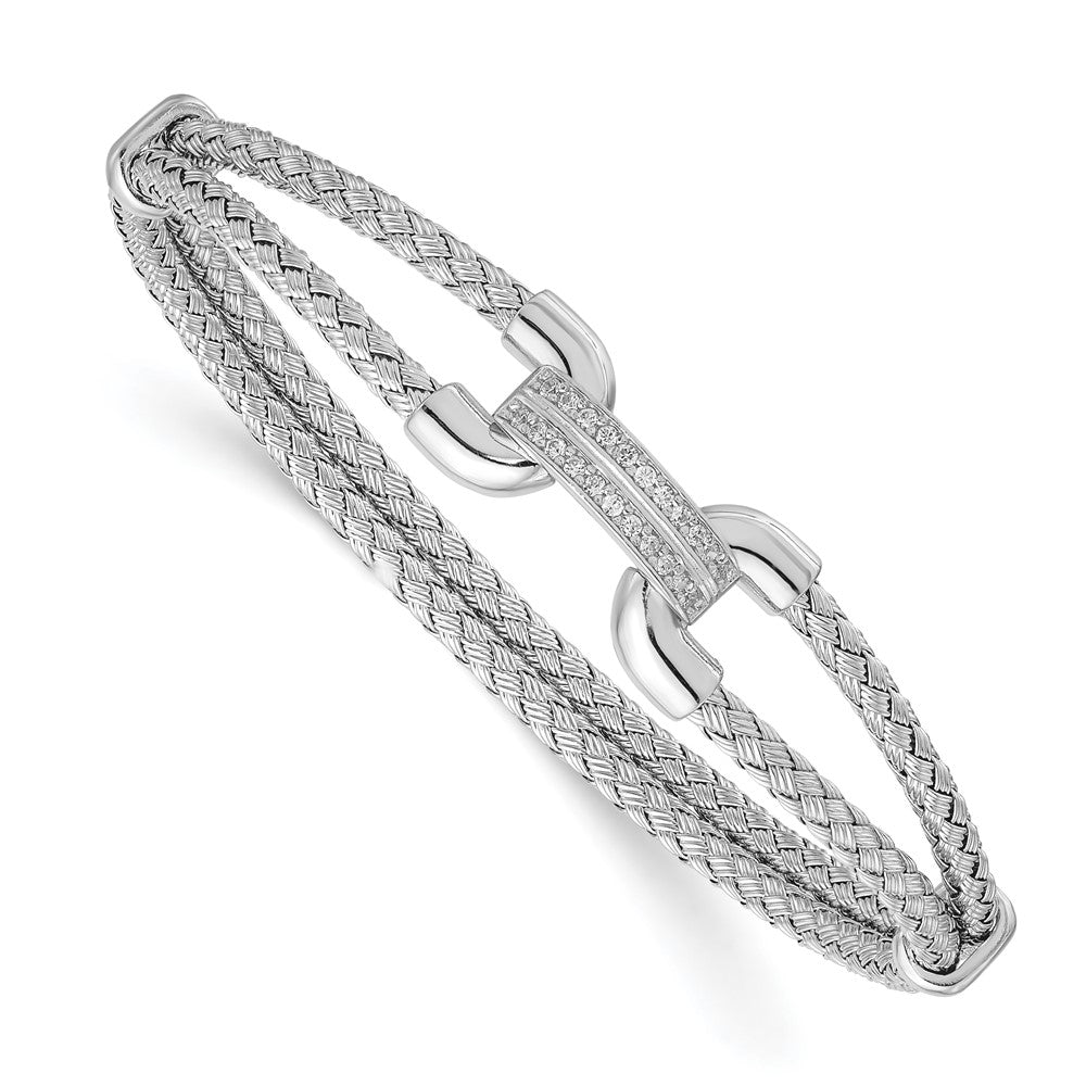 Sterling Silver Rhod-plat Polished CZ Woven Flexible Cuff, 0.9 mm
