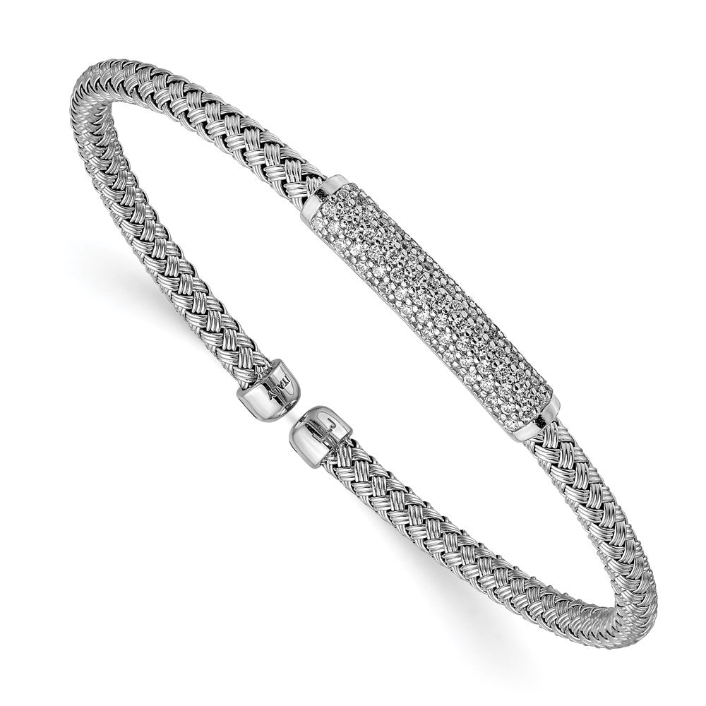 Sterling Silver Rhod-plat Polished CZ Woven Flexible Cuff, 7 x 0.67 mm