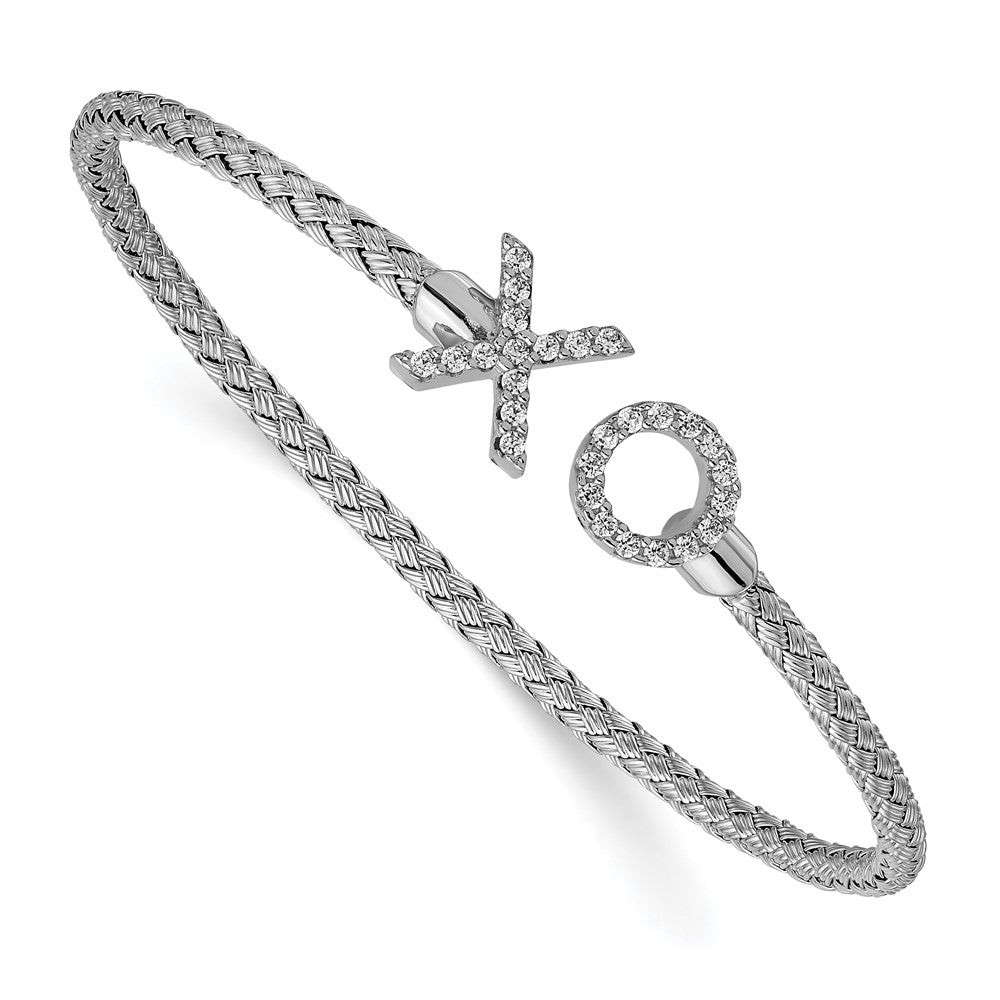 Sterling Silver Rhod-plat Polished CZ X & O Woven Flexible Cuff, 7 x 3.85 mm