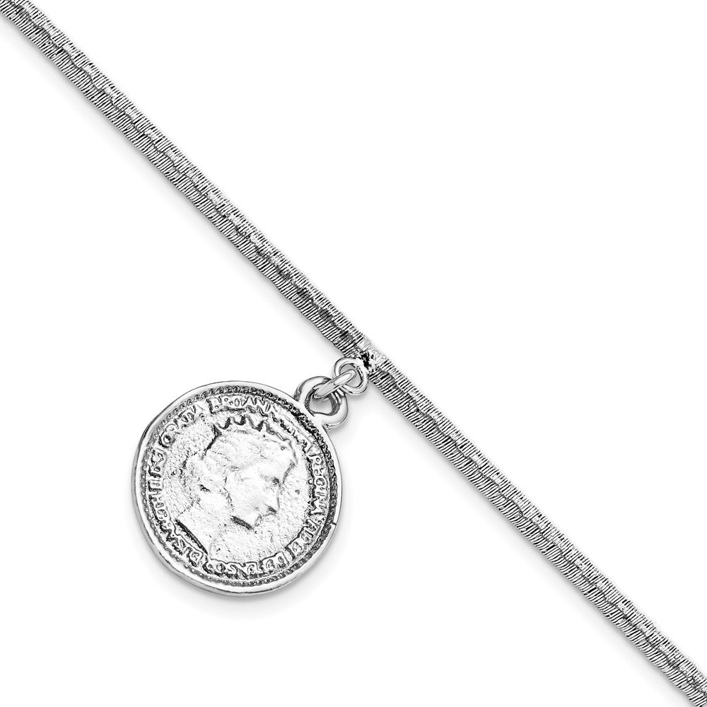 SS Rhod-plat Polished Elizabeth II Medal w/1.5 in ext. Bracelet, 7 x 0.73 mm
