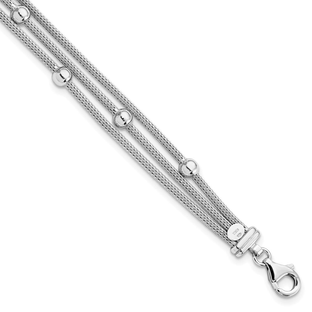 Sterling Silver RH-plt Polished w/2 in ext. Beaded Mesh Bracelet, 7.5 mm