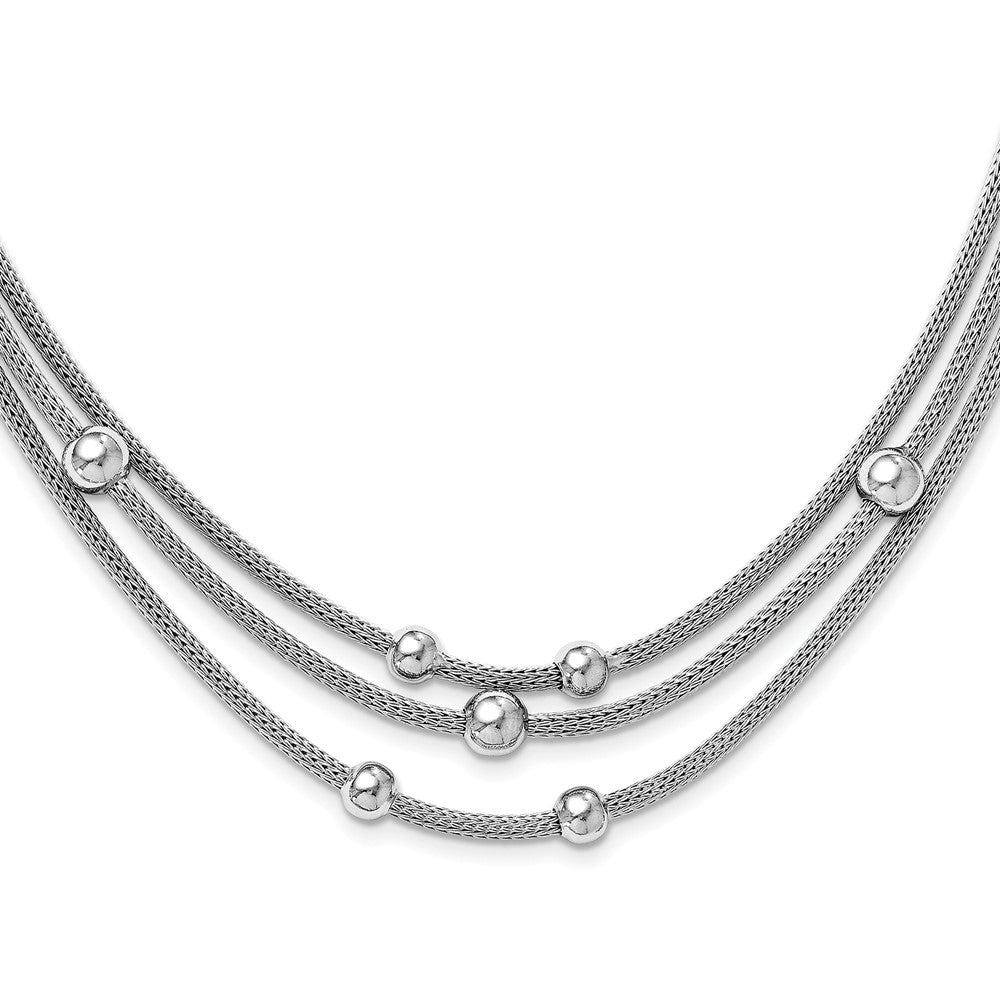 Sterling Silver RH-plated Polished Beaded Mesh Necklace, 18.5 mm