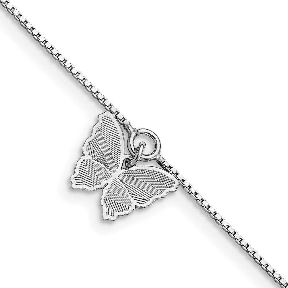 Sterling Silver Rhodium-plated Butterfly Charm 9 inch Plus 1 inch Extender - Total 10 inch Anklet, 9 x 1 mm