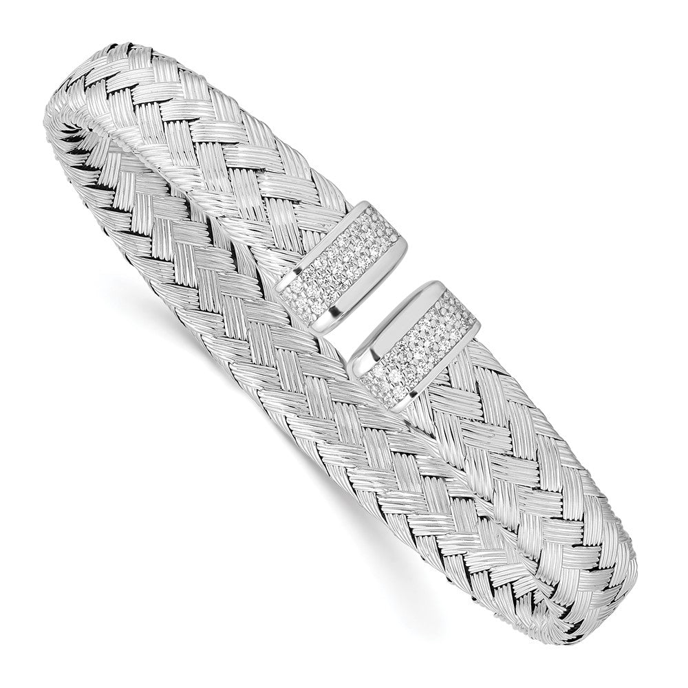 Sterling Silver RH-plated CZ Woven Flexible Cuff, 6.5 x 9.5 mm