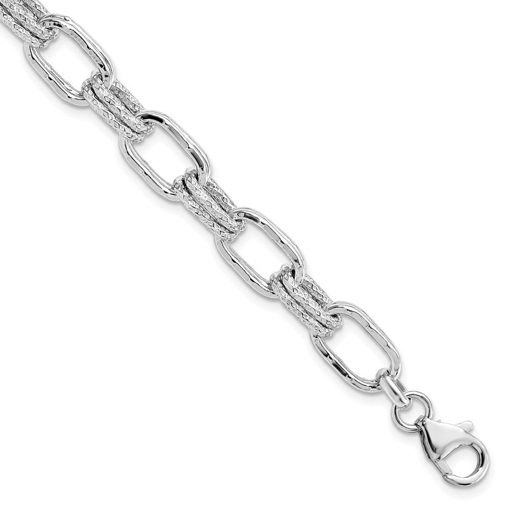 Sterling Silver Rhodium-plated Polished and Textured Link Bracelet, 7.5 x 2.5 mm