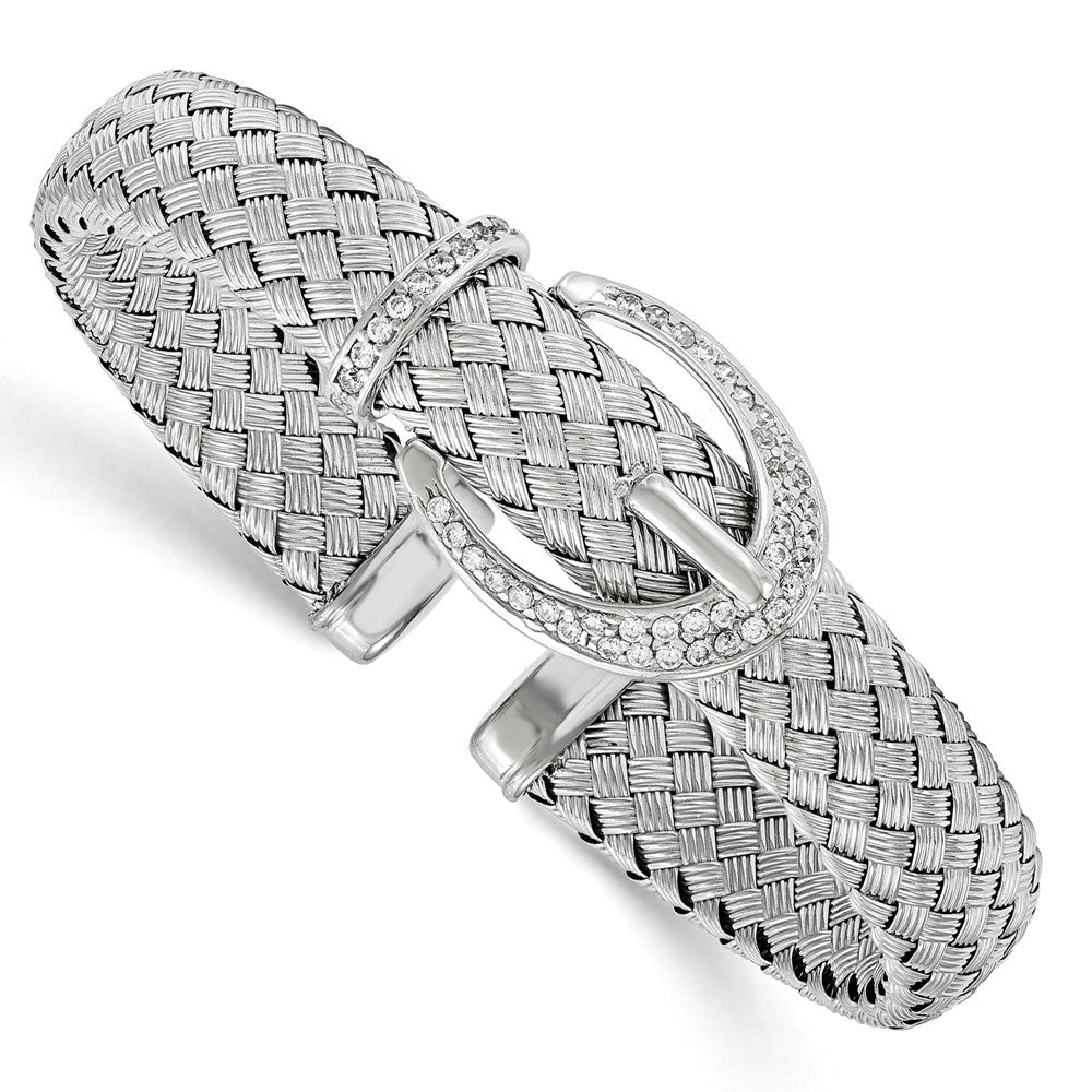 Sterling Silver CZ Woven Flexible Cuff Bangle, 11.8 mm