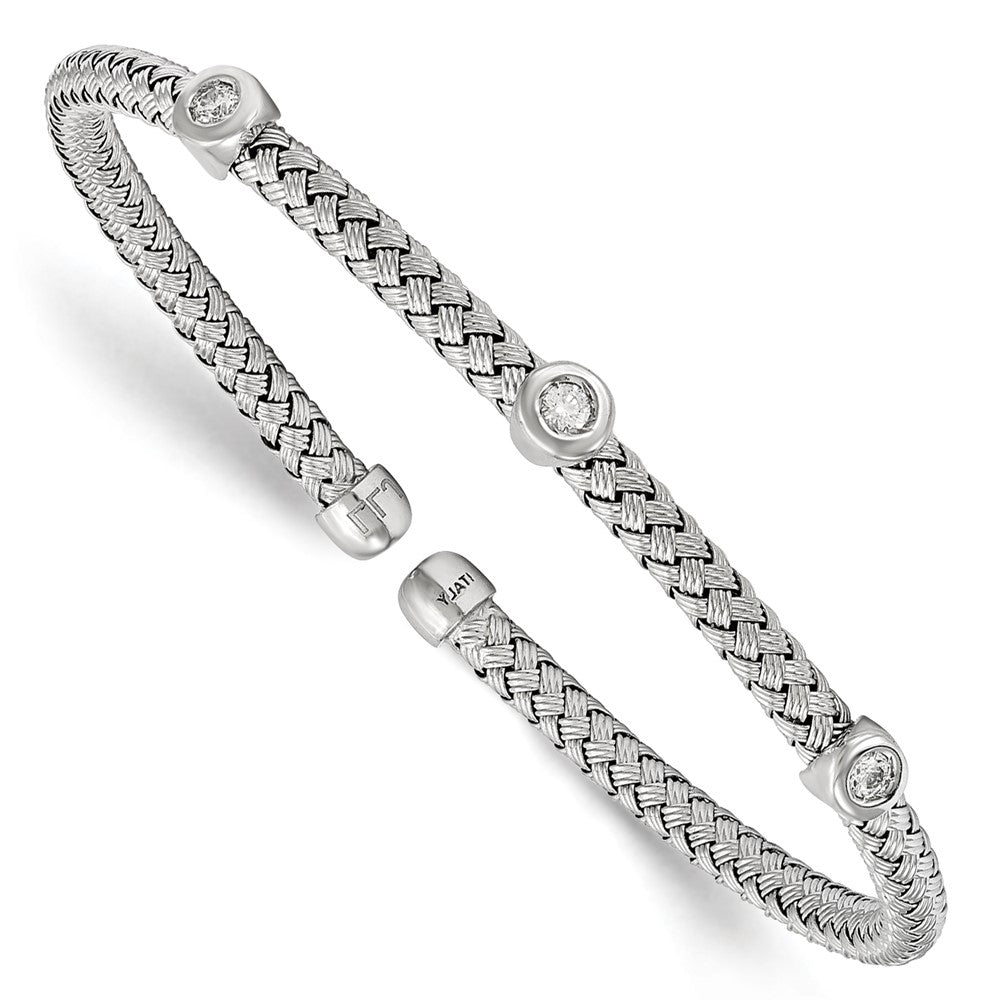 Sterling Silver Rhodium-plated CZ Woven Flexible Cuff, 7.25 x 3.7 mm