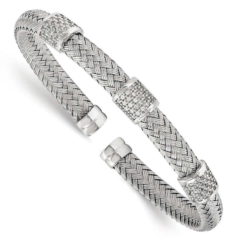 Sterling Silver Rhodium-plated CZ Woven Flexible Cuff, 7.25 x 6.3 mm