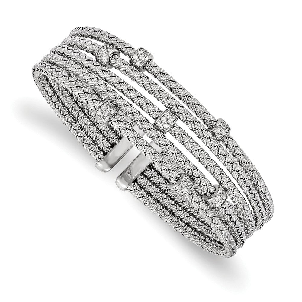 Sterling Silver Rhodium-plated CZ Woven Flexible Cuff, 7.25 mm