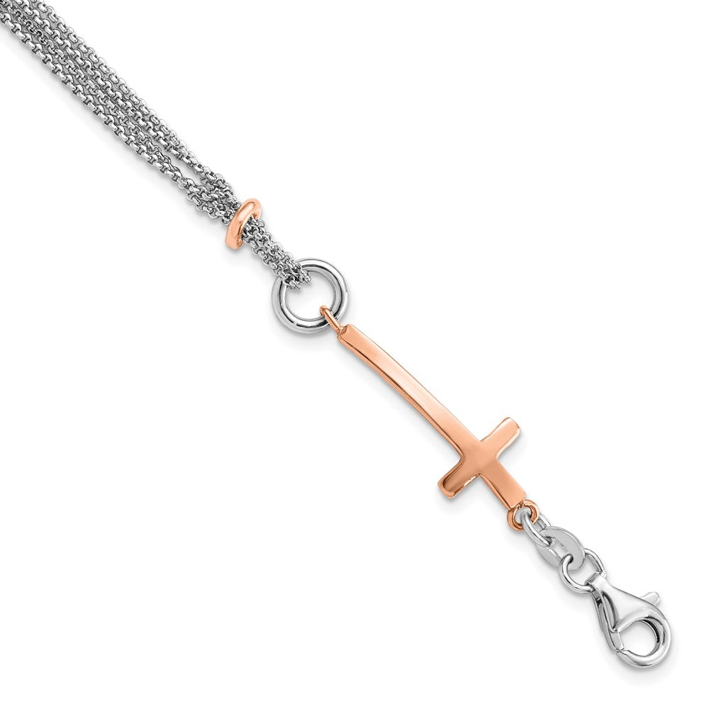 Sterling Silver w/Rose-tone Cross w/1.5in ext. w/Cross Bracelet, 7 mm