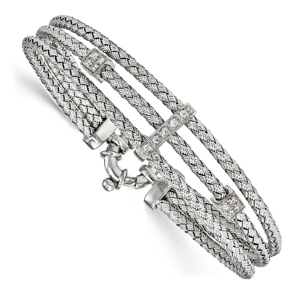 Sterling Silver CZ Polished Woven Bracelet, 7.5 x 14.5 mm