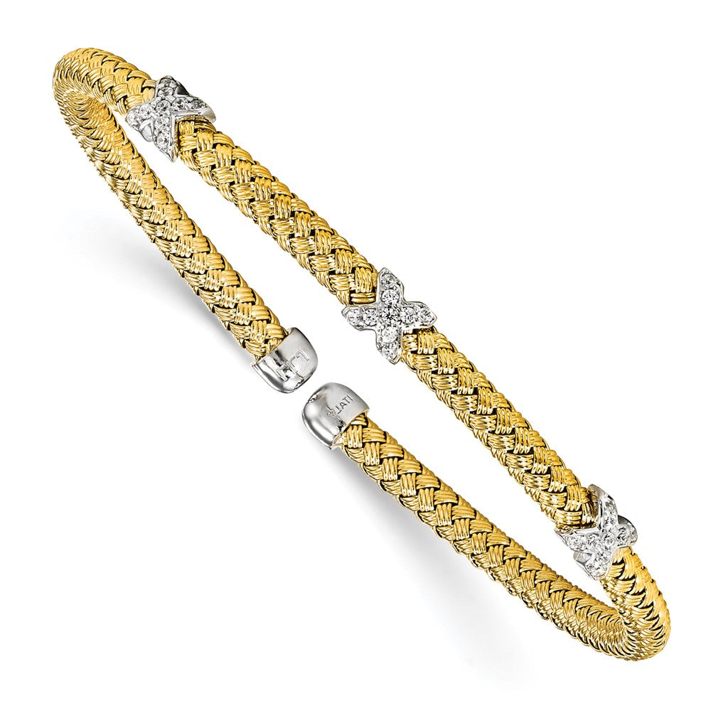 Sterling Silver Rhodium-plated and Gold-plated CZ Woven Cuff, 6.75 x 3.75 mm