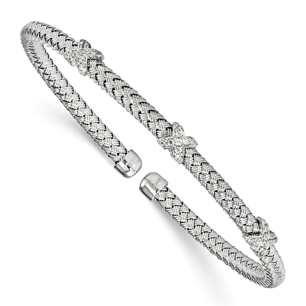 Sterling Silver Rhodium-plated CZ Woven Cuff, 6.75 x 3.75 mm