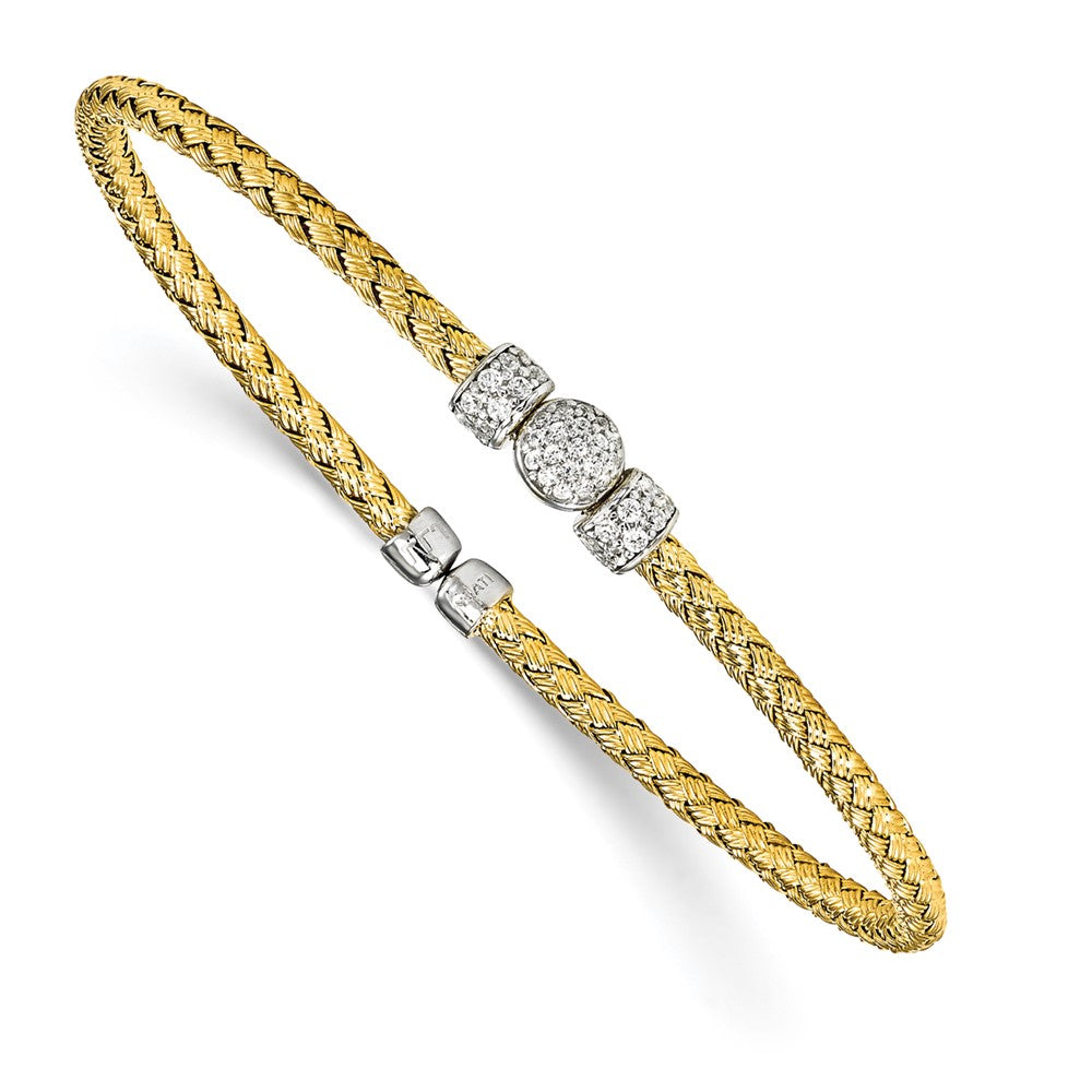 Sterling Silver Rhodium-plated and Gold-plated CZ Woven Cuff, 7 x 2.75 mm