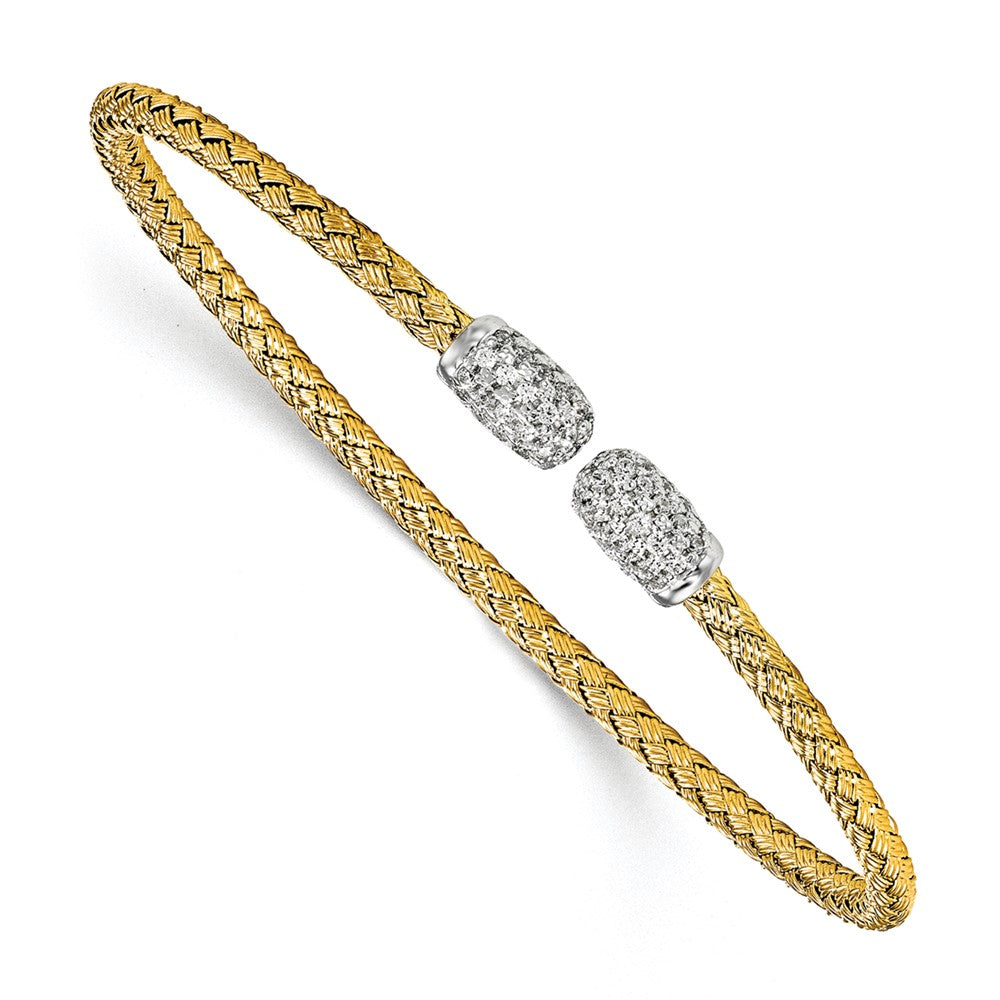 Sterling Silver Rhodium-plated and Gold-plated CZ Woven Cuff, 6.75 x 2.75 mm