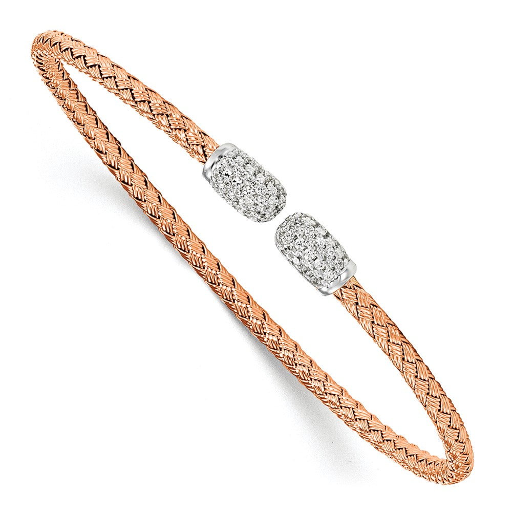 Sterling Silver Rhodium-plated Rose Gold-plated CZ Woven Cuff, 6.75 x 2.75 mm