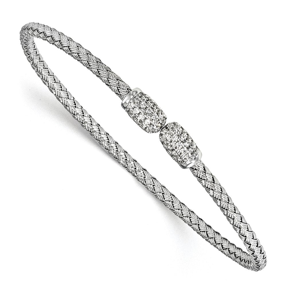 Sterling Silver Rhodium-plated CZ Woven Cuff, 6.75 x 2.75 mm