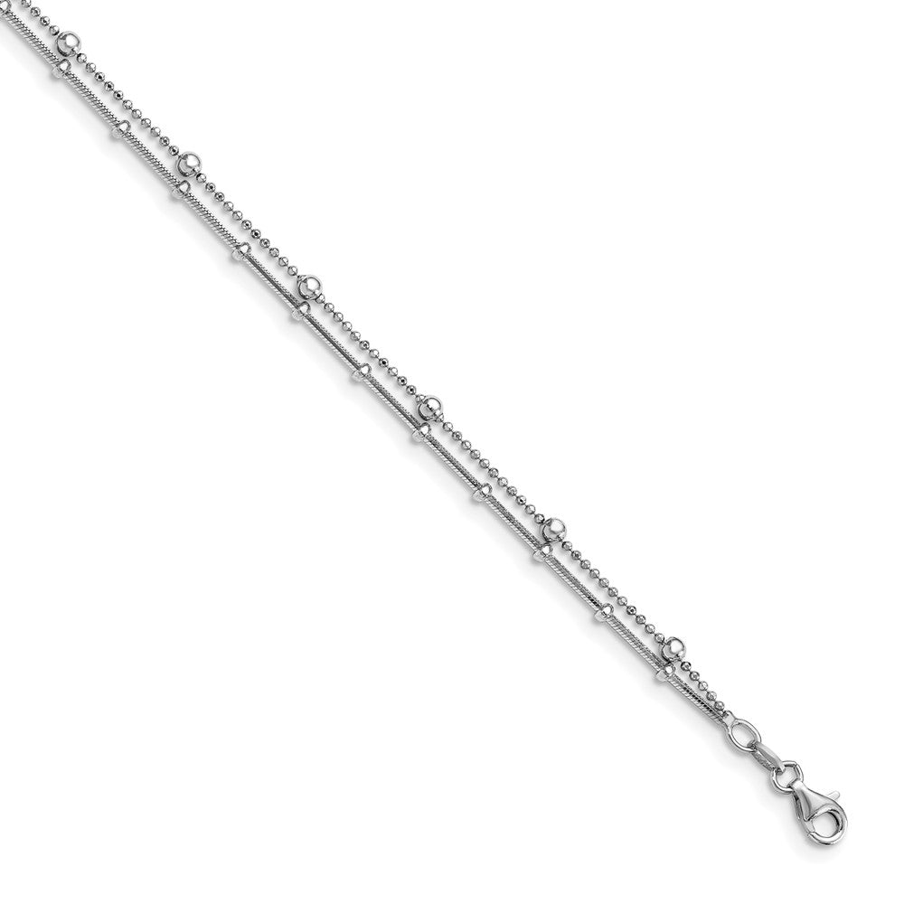 Sterling Silver Rhodium-plated Beaded 2-Strand 9 inch Plus 0.5 inch Extender - Total 9.5 inch Anklet, 9 mm