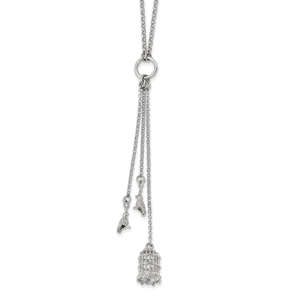 Sterling Silver Polished Bird Cage with Birds Slip-on Necklace, 36 mm
