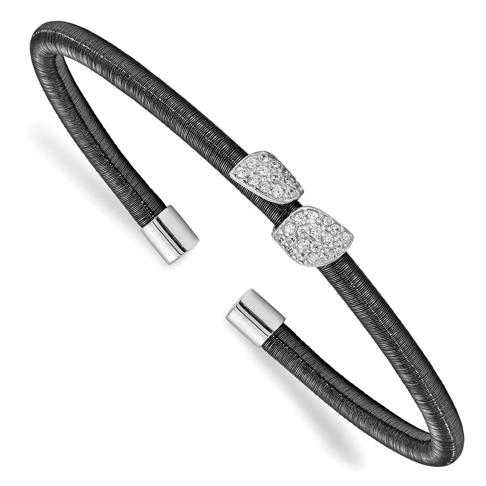 Sterling Silver Rhodium & Ruthenium CZ Leaf Cuff Bangle, 3.5 mm