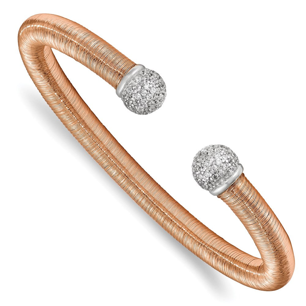 Sterling Silver Rose Rhodium CZ Textured Cuff Bangle, 6 mm