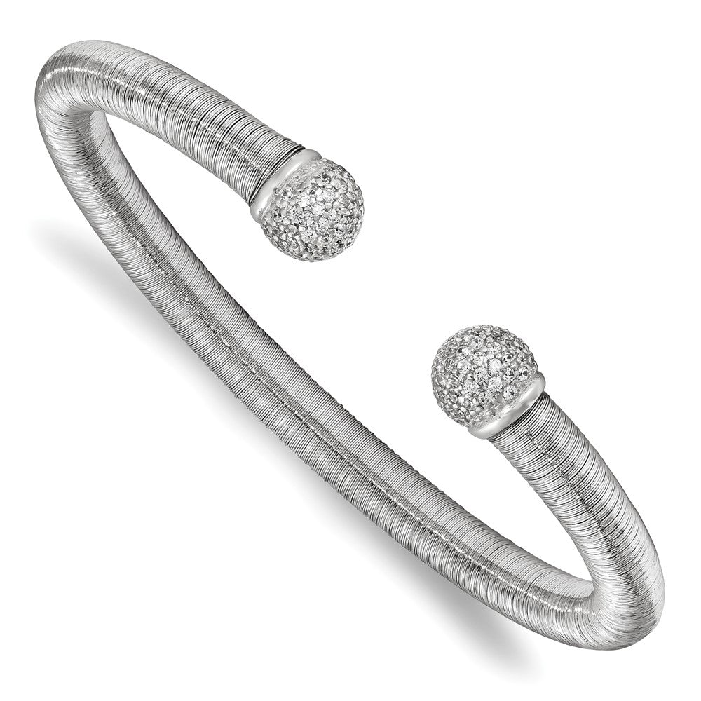 Sterling Silver & Rhodium CZ Textured Cuff Bangle, 7.25 x 6 mm