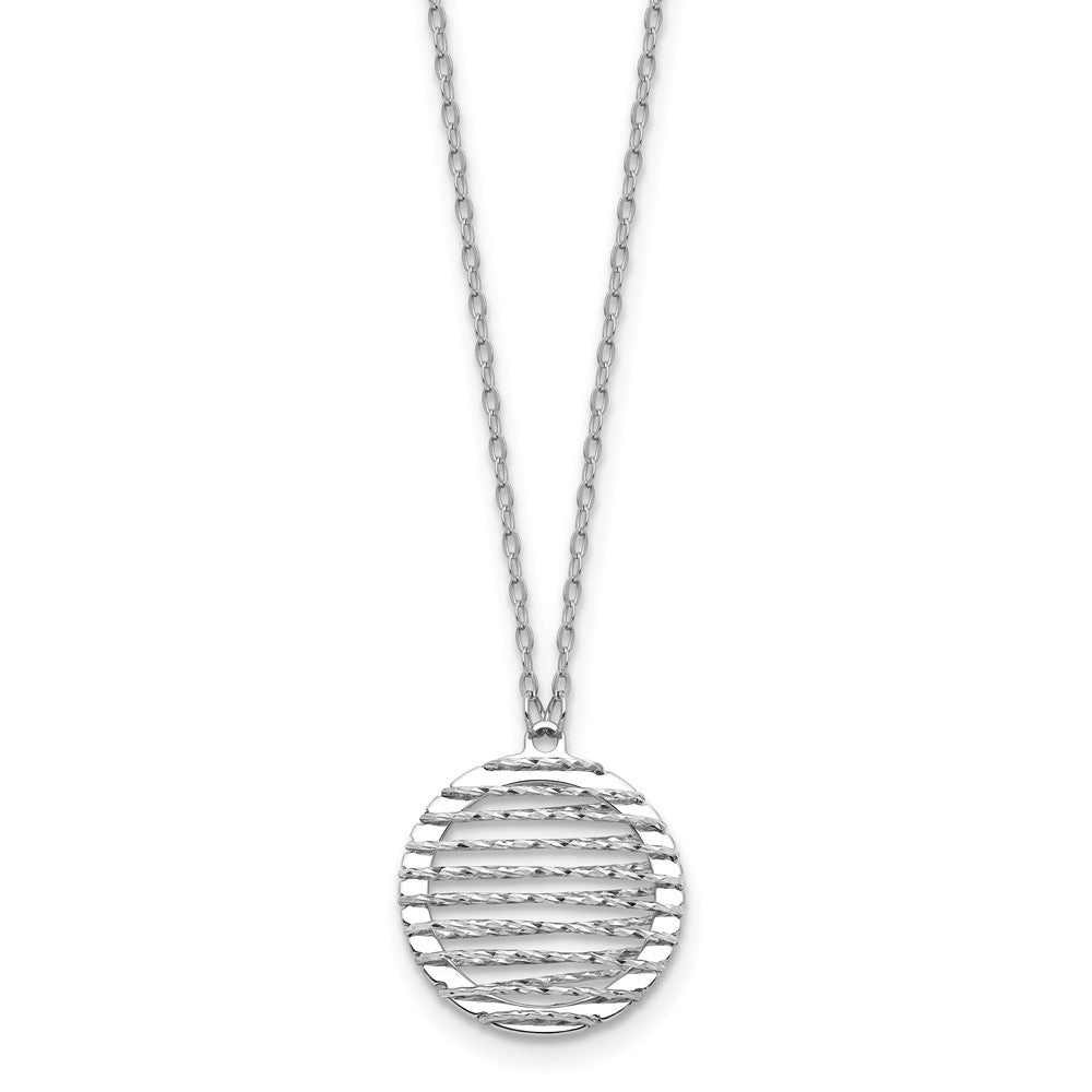 Sterling Silver RH-plat Pol/Dia-cut Circle w/1in ext. Necklace, 19 mm