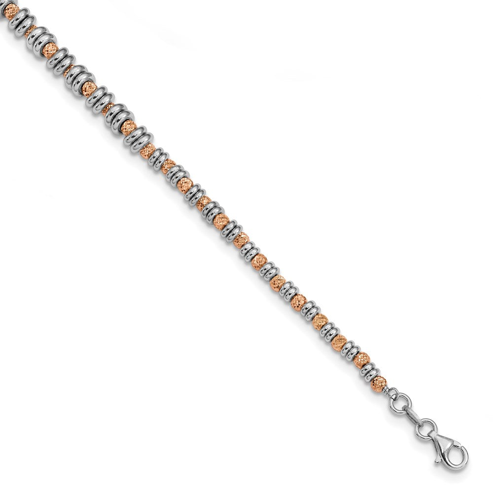 Sterling Silver Rose-tone Polished D/C Beaded Bracelet, 7.5 x 5.3 mm