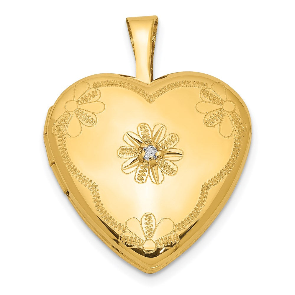 1/20 14K Gold Filled with Diamond Flower Design 15mm Heart Locket, 0.005 ct, 15 x 15 mm